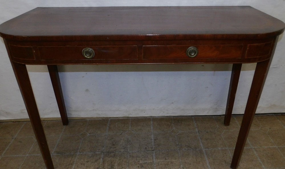 19th Century Mahogany Inlaid Two Drawer Console: 19th Century Mahogany Inlaid Two Drawer Console . 47" W 20" D 32" H "ALL DESCRIPTIONS AND ANY CONDITION STATEMENT GIVEN BY LANGSTON AUCTION GALLERY ARE STRICTLY OPINIONS AND LANGSTON'S SHALL HAVE NO R