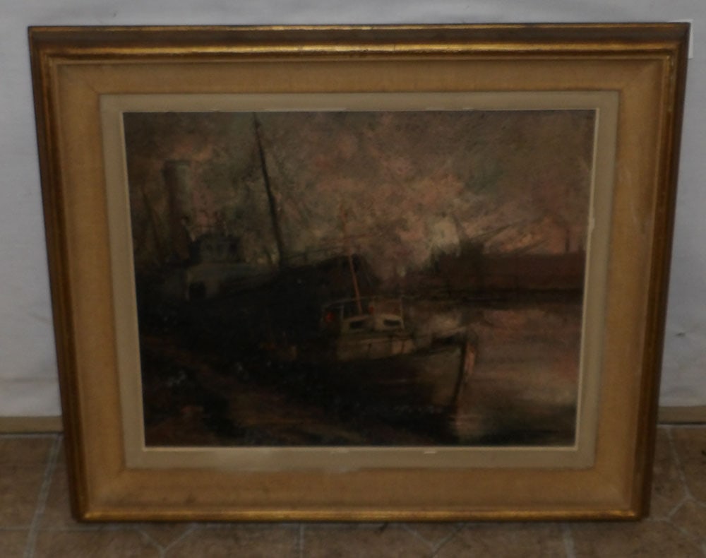 Antique Framed Oil on Canvas of Boat Dock Scene by G. Kinnaert (1 of 4)