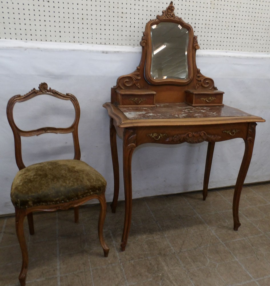Antique Carved Walnut French Marble Top Dressing Stand with Chair (1 of 8)