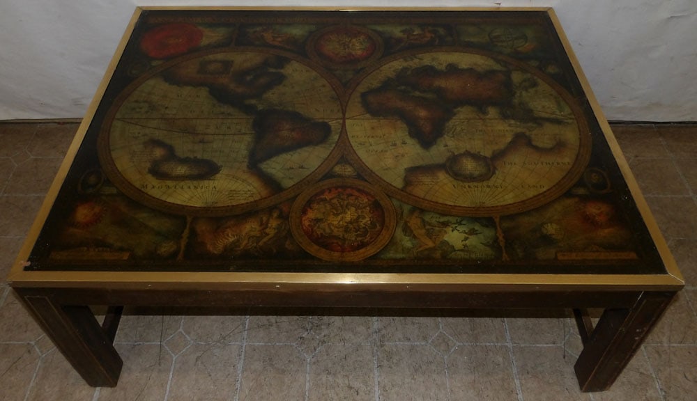 Mahogany & Brass Old World Map Glass Top T Shaped Stretcher Base Coffee Table (1 of 3)