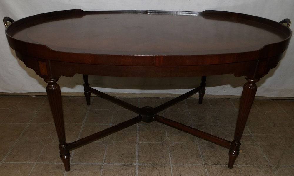 Mahogany Banded & Gallery Top Oval Coffee Table by Hickory Chair with Brass Handles (1 of 5)