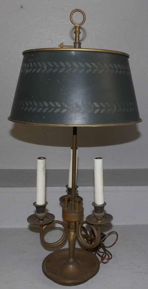 Brass & Tole Shade Three Light Bouillotte Lamp (1 of 3)