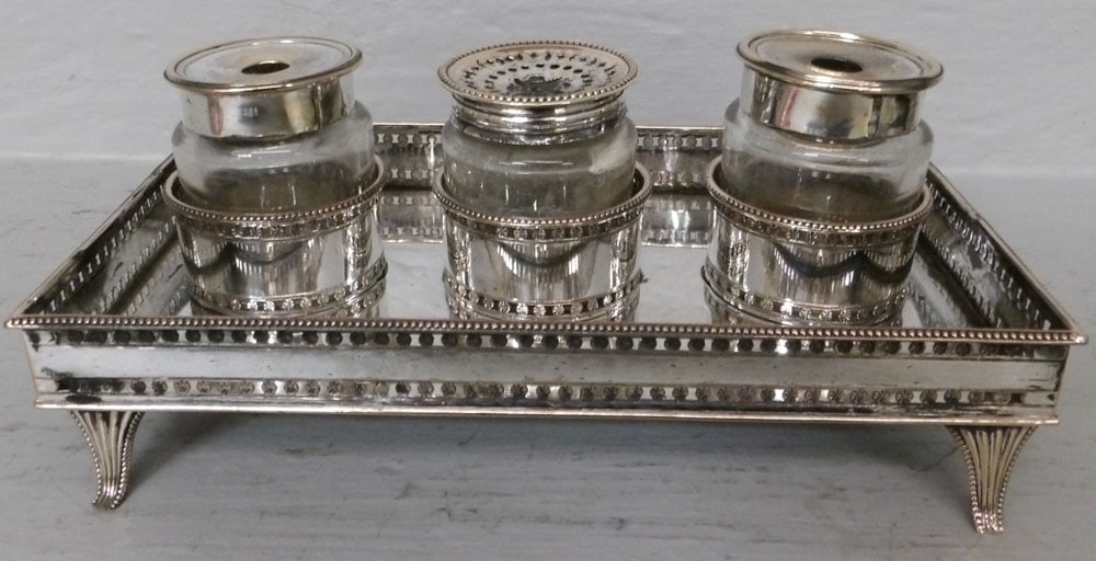 Antique Sheffield Inkstand with Glass Bottles (1 of 2)