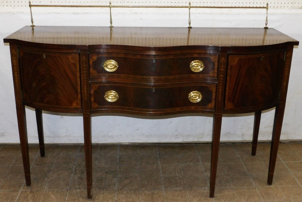 Mahogany Inlaid Serpentine Front Sideboard with Brass Gallery by Council Craftsman (1 of 11)