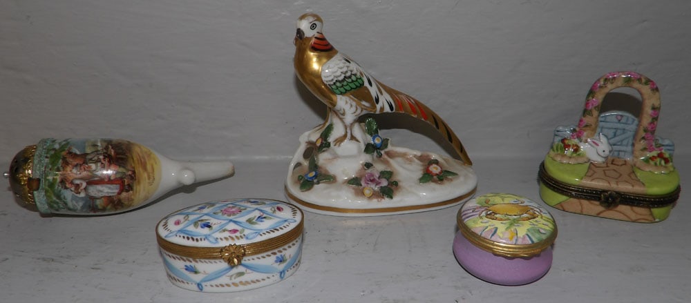 Three Hand Painted Porcelain Battersea Boxes, Pipe, & Sampson Pheasant (1 of 6)