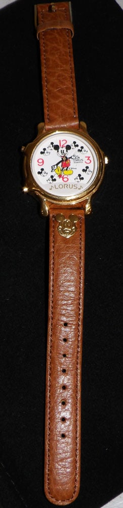 Vintage Disney Mickey Mouse Lorus Wristwatch with Leather Band: Vintage Disney Mickey Mouse Lorus Wristwatch with Leather Band. "ALL DESCRIPTIONS AND ANY CONDITION STATEMENT GIVEN BY LANGSTON AUCTION GALLERY ARE STRICTLY OPINIONS AND LANGSTON'S SHALL HAVE NO RESPO