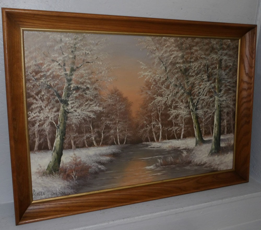 Framed Oil on Canvas of River Snow Scene Artist Signed (1 of 4)