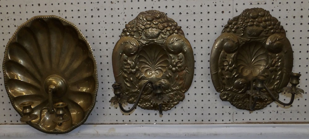 Three Brass Two Light Wall Sconces, (Two Embossed) (1 of 7)