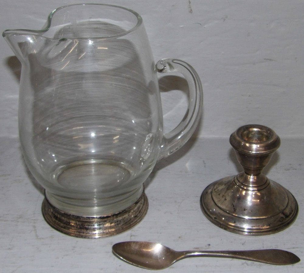 19th Century Coin Silver Spoon, Sterling Rim Base Cream Pitcher, & Sterling Weighted Candlestick (1 of 1)
