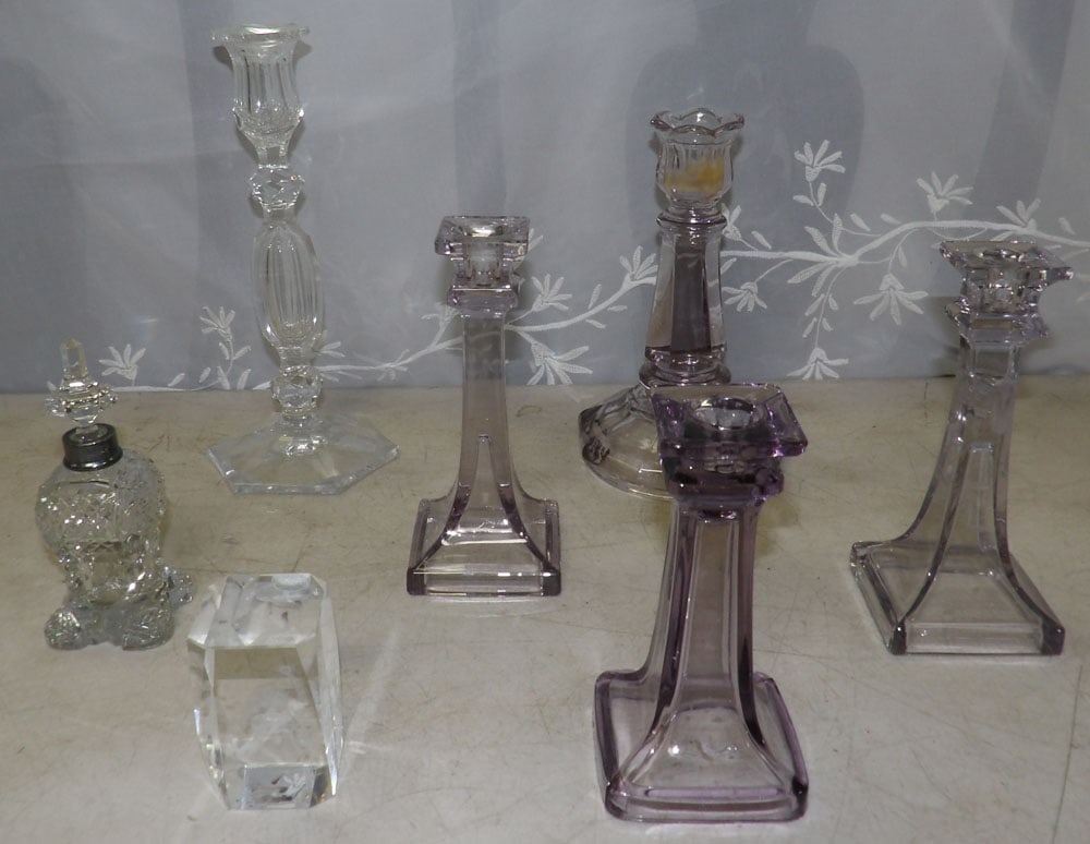 lot of glass candlesticks paper weight and cut glass sand bottle with sterling rim: lot of glass candlesticks paper weight and cut glass sand bottle with sterling rim. "ALL DESCRIPTIONS AND ANY CONDITION STATEMENT GIVEN BY LANGSTON AUCTION GALLERY ARE STRICTLY OPINIONS AND LANGSTON'S