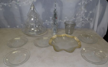 lot of glass Christmas trees, cut glass ice bucket and bowl