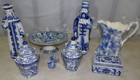 2 whiskey decanters and porcelain items