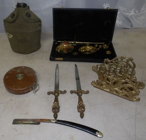 u.s. canteen, brass scale incase, letter holder and misc. items