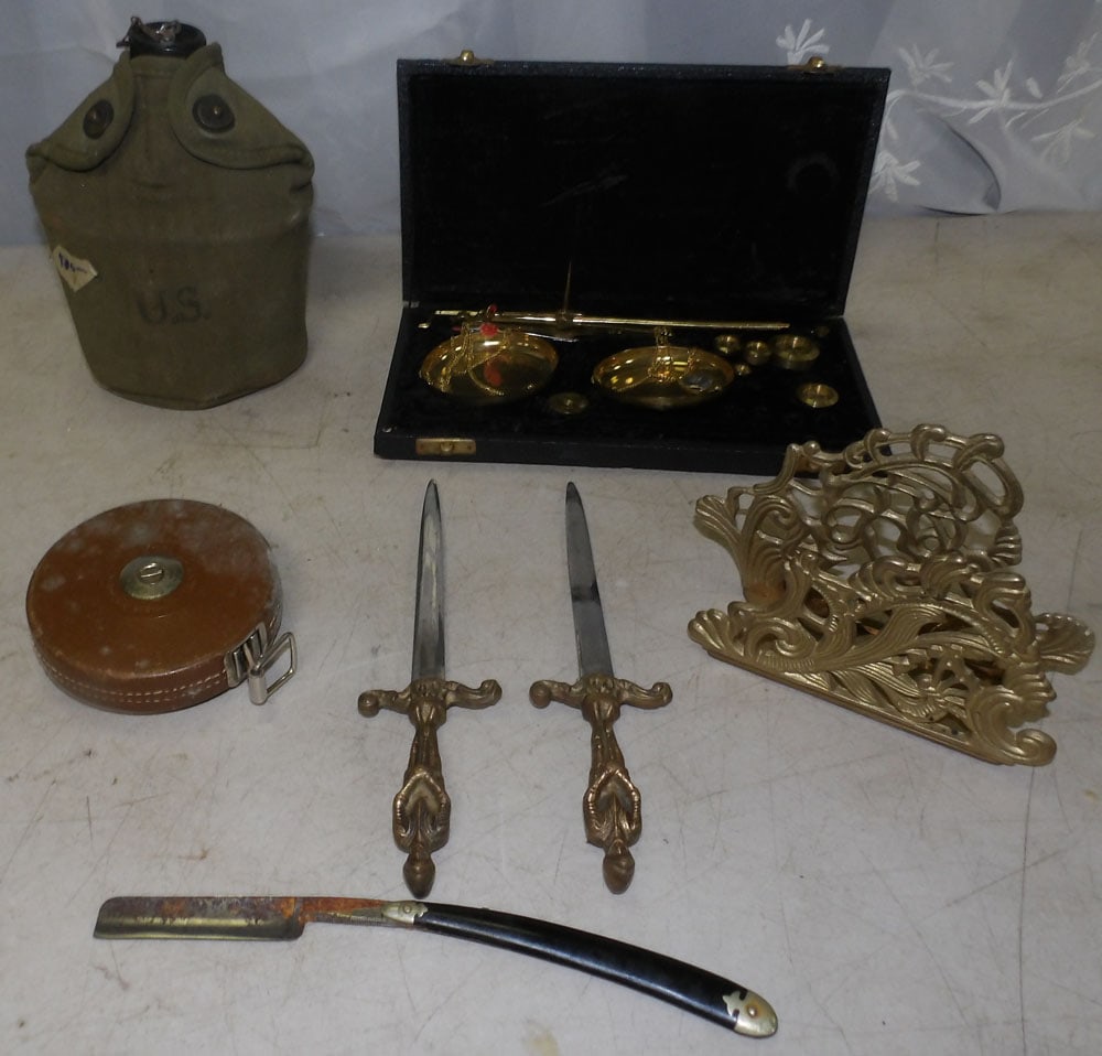 u.s. canteen, brass scale incase, letter holder and misc. items (1 of 3)