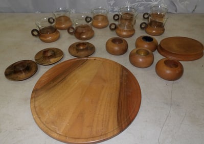 lot of mcm glass in teakwood holders with tray and candle holders