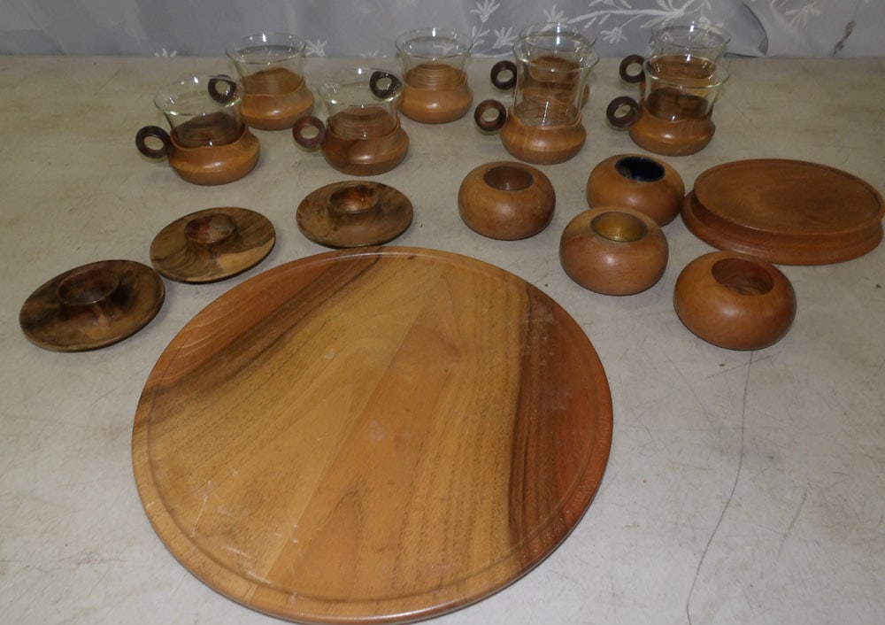 lot of mcm glass in teakwood holders with tray and candle holders: lot of mcm glass in teakwood holders with tray and candle holders. "ALL DESCRIPTIONS AND ANY CONDITION STATEMENT GIVEN BY LANGSTON AUCTION GALLERY ARE STRICTLY OPINIONS AND LANGSTON'S SHALL HAVE NO RE