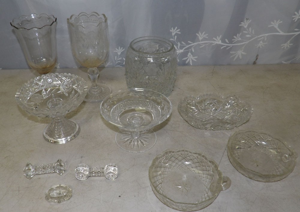 lot of cutglass and etched glass items: lot of cutglass and etched glass items. "ALL DESCRIPTIONS AND ANY CONDITION STATEMENT GIVEN BY LANGSTON AUCTION GALLERY ARE STRICTLY OPINIONS AND LANGSTON'S SHALL HAVE NO RESPONSIBILITY FOR ERRORS OR 