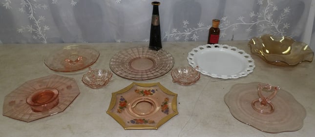 lot of milk glass and pink depression glass items