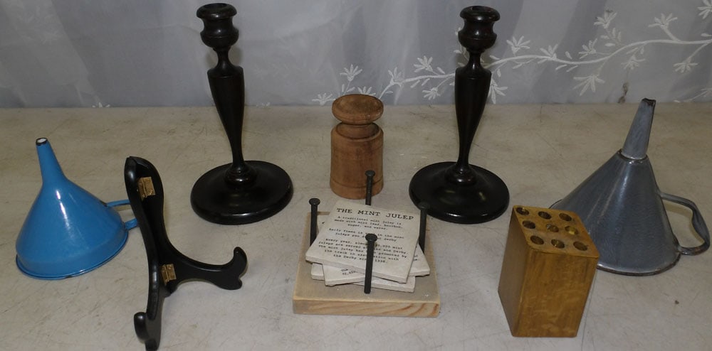 two enamel funnels, pair of wooden candlesticks and misc. wooden items: two enamel funnels, pair of wooden candlesticks and misc. wooden items. "ALL DESCRIPTIONS AND ANY CONDITION STATEMENT GIVEN BY LANGSTON AUCTION GALLERY ARE STRICTLY OPINIONS AND LANGSTON'S SHALL HAVE