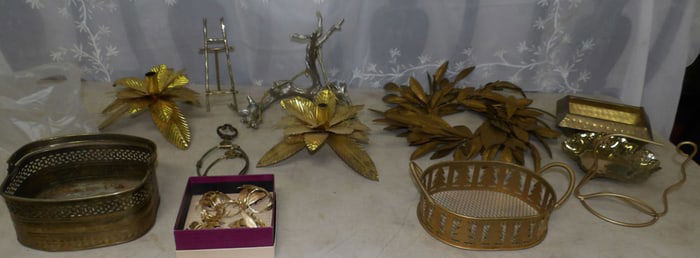 lot of painted metal and brass decorative items