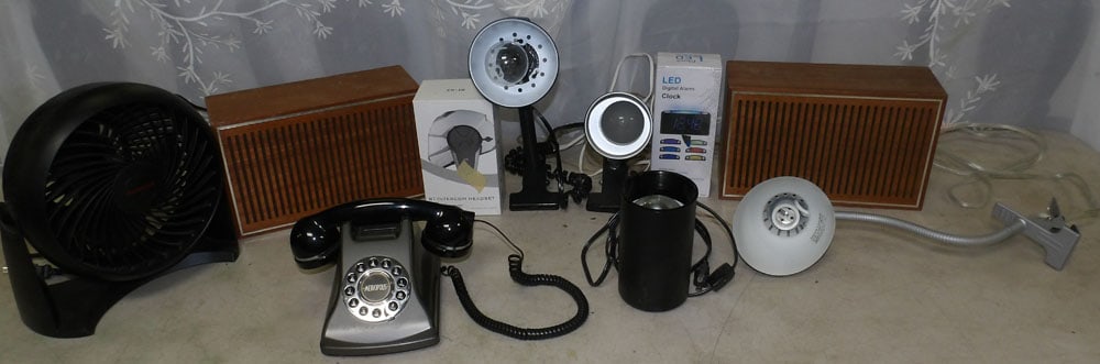 lot of vintage phone, fan and speakers: lot of vintage phone, fan and speakers. "ALL DESCRIPTIONS AND ANY CONDITION STATEMENT GIVEN BY LANGSTON AUCTION GALLERY ARE STRICTLY OPINIONS AND LANGSTON'S SHALL HAVE NO RESPONSIBILITY FOR ERRORS OR 