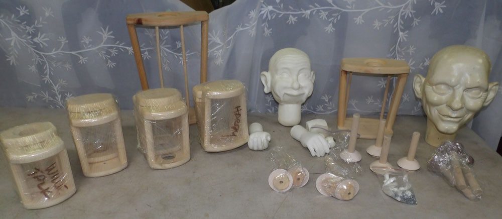 lot of ventriloquist doll parts: lot of ventriloquist doll parts. "ALL DESCRIPTIONS AND ANY CONDITION STATEMENT GIVEN BY LANGSTON AUCTION GALLERY ARE STRICTLY OPINIONS AND LANGSTON'S SHALL HAVE NO RESPONSIBILITY FOR ERRORS OR OMISSIO