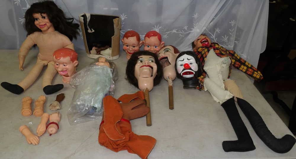 lot of ventriloquist doll parts: lot of ventriloquist doll parts. "ALL DESCRIPTIONS AND ANY CONDITION STATEMENT GIVEN BY LANGSTON AUCTION GALLERY ARE STRICTLY OPINIONS AND LANGSTON'S SHALL HAVE NO RESPONSIBILITY FOR ERRORS OR OMISSIO