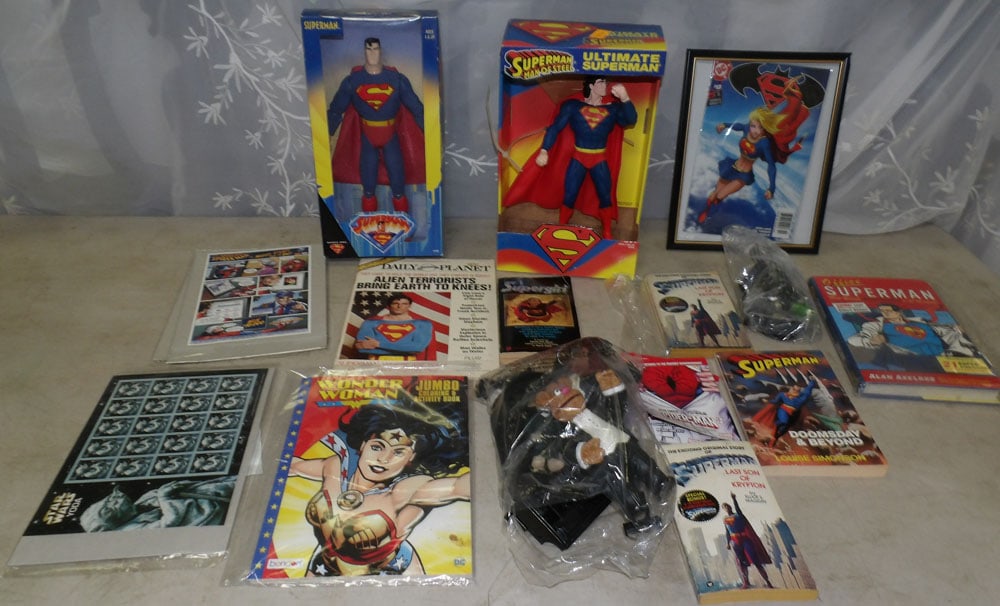 lot of superman memorabilia: lot of superman memorabilia. "ALL DESCRIPTIONS AND ANY CONDITION STATEMENT GIVEN BY LANGSTON AUCTION GALLERY ARE STRICTLY OPINIONS AND LANGSTON'S SHALL HAVE NO RESPONSIBILITY FOR ERRORS OR OMISSIONS. 