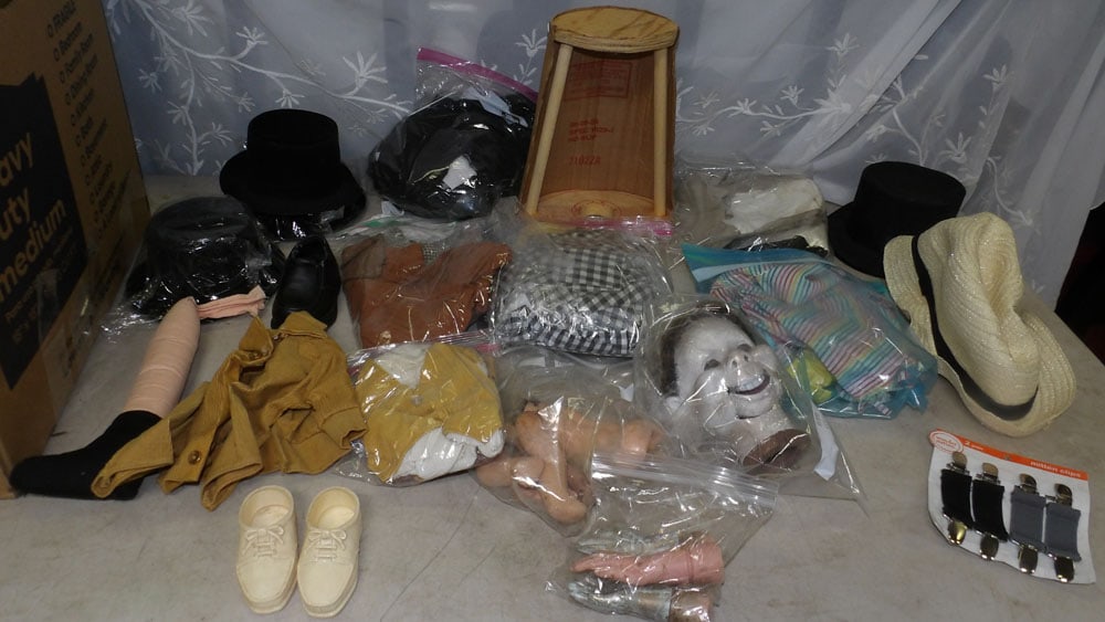 lot of ventriloquist doll clothing and accessories: lot of ventriloquist doll clothing and accessories. "ALL DESCRIPTIONS AND ANY CONDITION STATEMENT GIVEN BY LANGSTON AUCTION GALLERY ARE STRICTLY OPINIONS AND LANGSTON'S SHALL HAVE NO RESPONSIBILITY FO