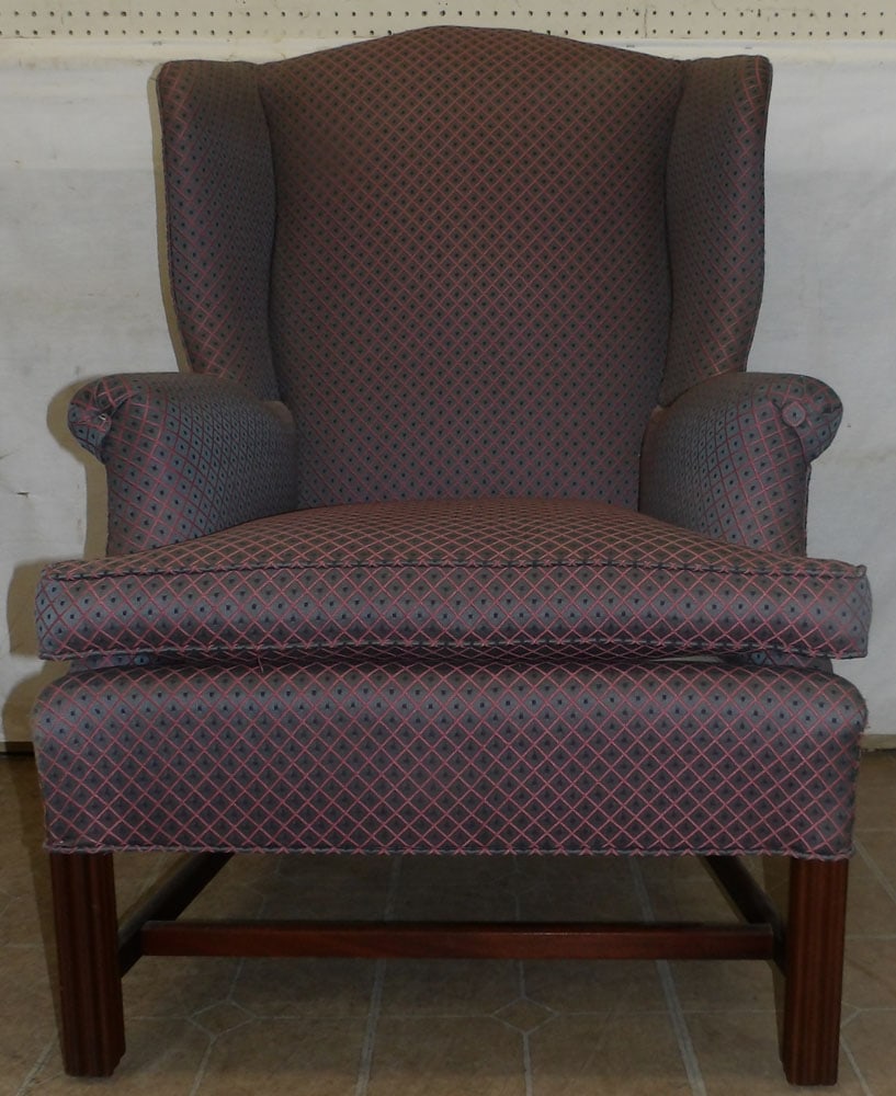 upholstered wingback chair: upholstered wingback chair. 43" H "ALL DESCRIPTIONS AND ANY CONDITION STATEMENT GIVEN BY LANGSTON AUCTION GALLERY ARE STRICTLY OPINIONS AND LANGSTON'S SHALL HAVE NO RESPONSIBILITY FOR ERRORS OR OMISSI