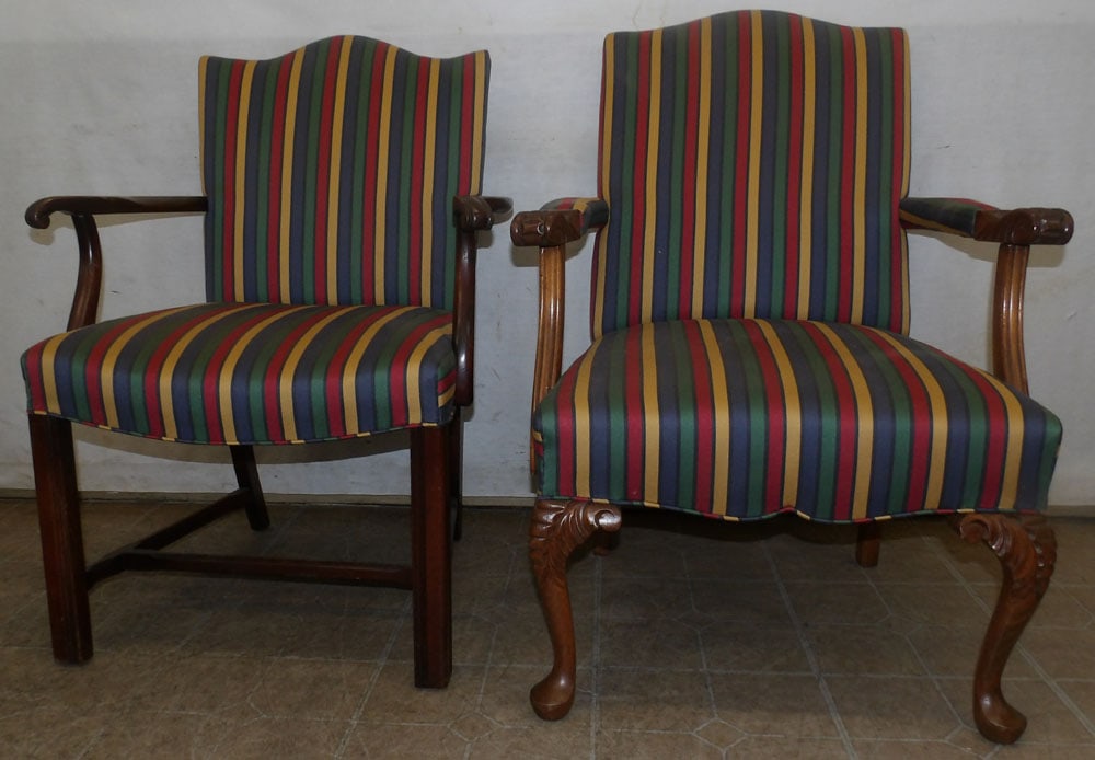 2 mahogany and upholstered arm chairs: 2 mahogany and upholstered arm chairs. Up to 37" H "ALL DESCRIPTIONS AND ANY CONDITION STATEMENT GIVEN BY LANGSTON AUCTION GALLERY ARE STRICTLY OPINIONS AND LANGSTON'S SHALL HAVE NO RESPONSIBILITY FOR