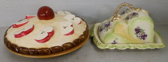 painted porcelain cheese dish and pie dish