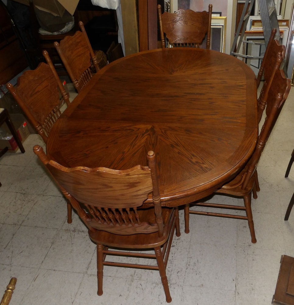 Seven Piece Oak Dining Set with Press Back Chairs & Table with One Leaf (1 of 5)