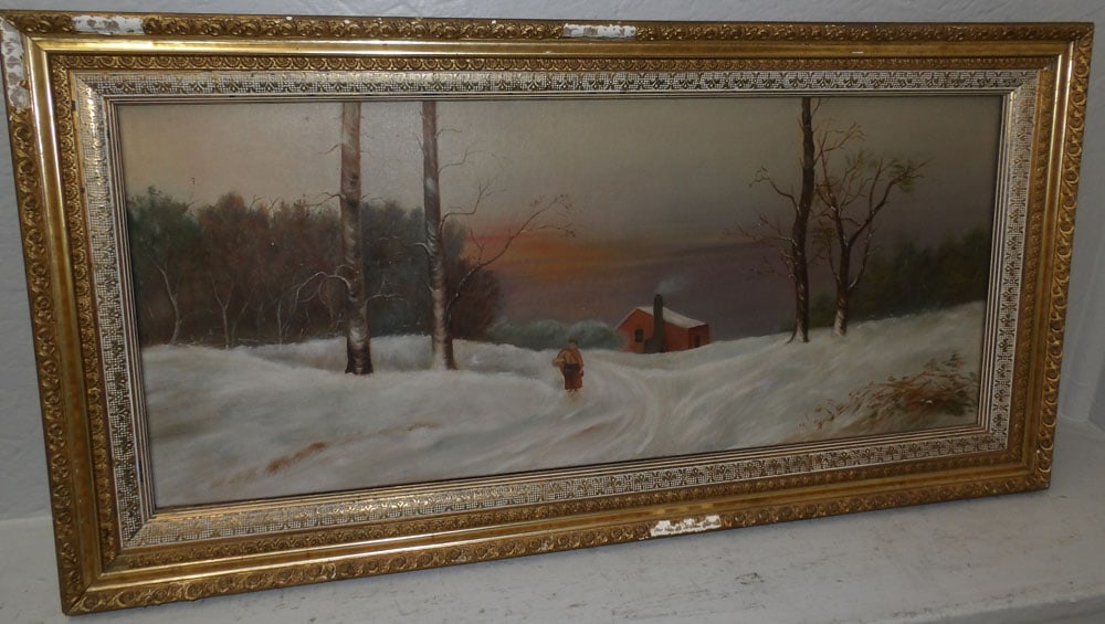 antique gilded frame oil on canvas snow scene: antique gilded frame oil on canvas snow scene. 32 1/2" x 16 1/2" "ALL DESCRIPTIONS AND ANY CONDITION STATEMENT GIVEN BY LANGSTON AUCTION GALLERY ARE STRICTLY OPINIONS AND LANGSTON'S SHALL HAVE NO RESP