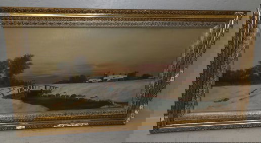 antique gilded frame oil on canvas snow scene