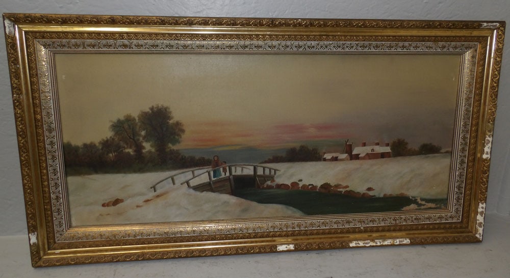 antique gilded frame oil on canvas snow scene: antique gilded frame oil on canvas snow scene. 32 1/4" x 16 1/4" "ALL DESCRIPTIONS AND ANY CONDITION STATEMENT GIVEN BY LANGSTON AUCTION GALLERY ARE STRICTLY OPINIONS AND LANGSTON'S SHALL HAVE NO RESP
