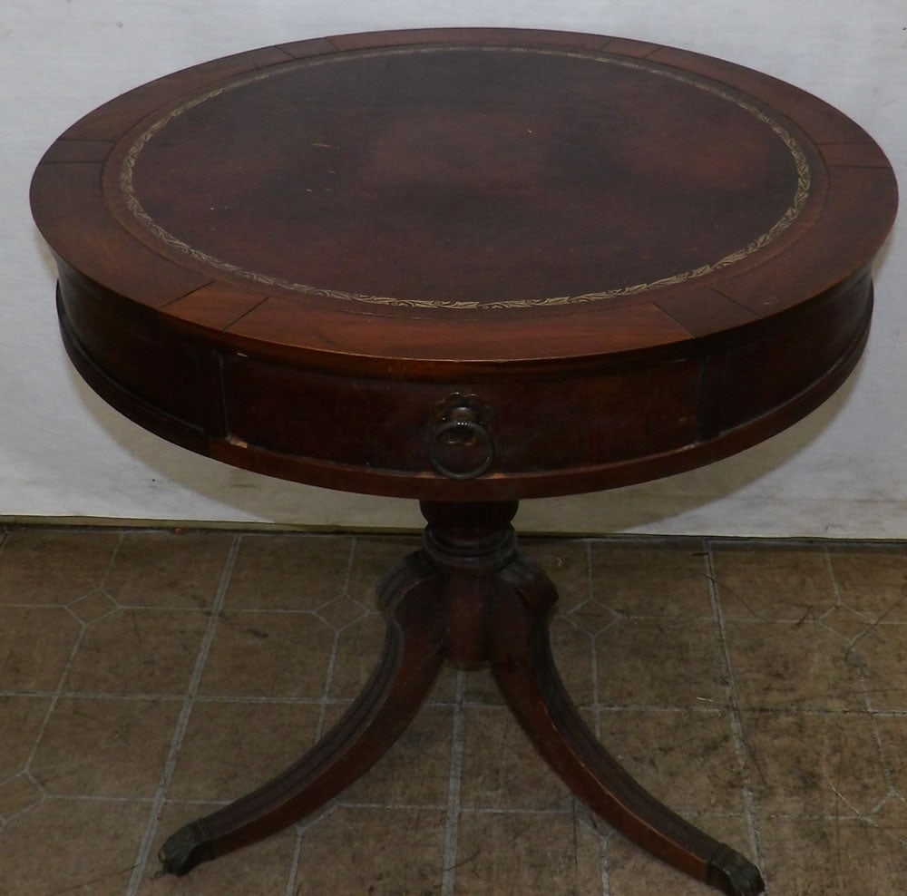 mahogany and tooled leather top drum table with one drawer (1 of 5)