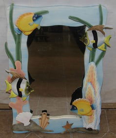 painted metal and wood frame mirror with beach motif
