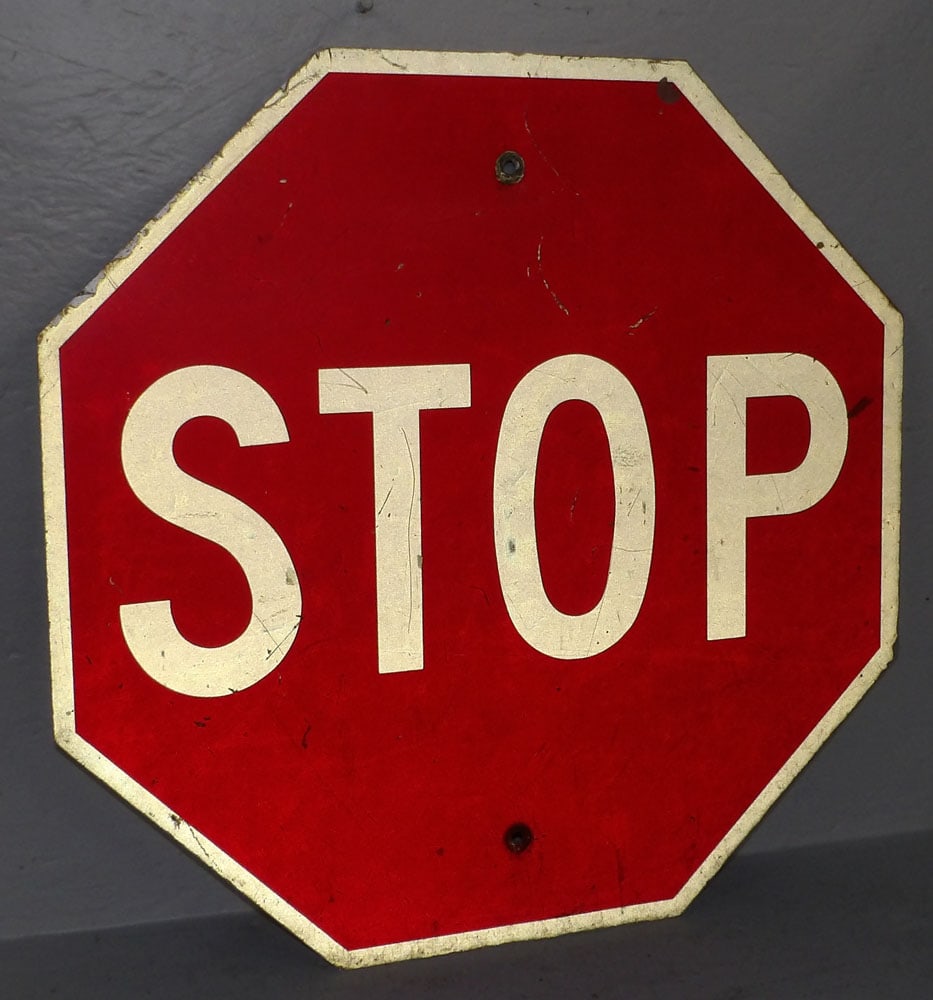 Vintage Painted Aluminum Stop Sign: Vintage Painted Aluminum Stop Sign . 24 1/4" Dia. "ALL DESCRIPTIONS AND ANY CONDITION STATEMENT GIVEN BY LANGSTON AUCTION GALLERY ARE STRICTLY OPINIONS AND LANGSTON'S SHALL HAVE NO RESPONSIBILITY FOR 