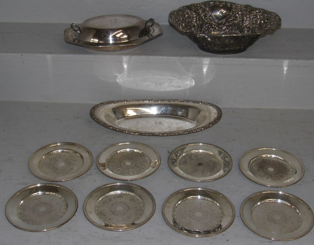 Eight Silver on Copper Bread Plates, Ornate Silver Open Work Bowl, & Covered Dish (1 of 4)