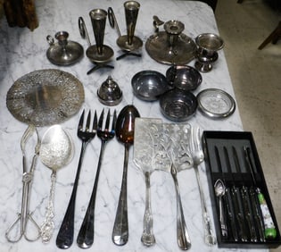 Lot of Silver Plated Candlesticks, Sheffield Serving Pieces, & Silver Plated Serving Pieces