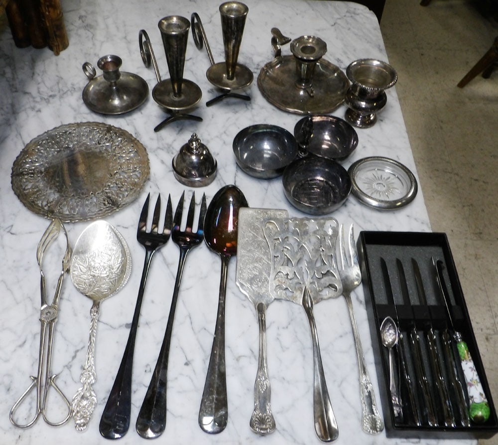 Lot of Silver Plated Candlesticks, Sheffield Serving Pieces, & Silver Plated Serving Pieces (1 of 7)