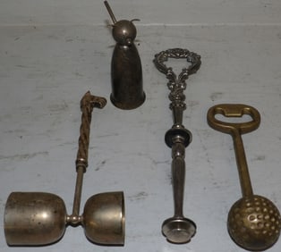 Silver Horse Head Double Jigger, Napier Cat Jigger, Brass Golf Bottle Opener, & Ornate Cruet Stand