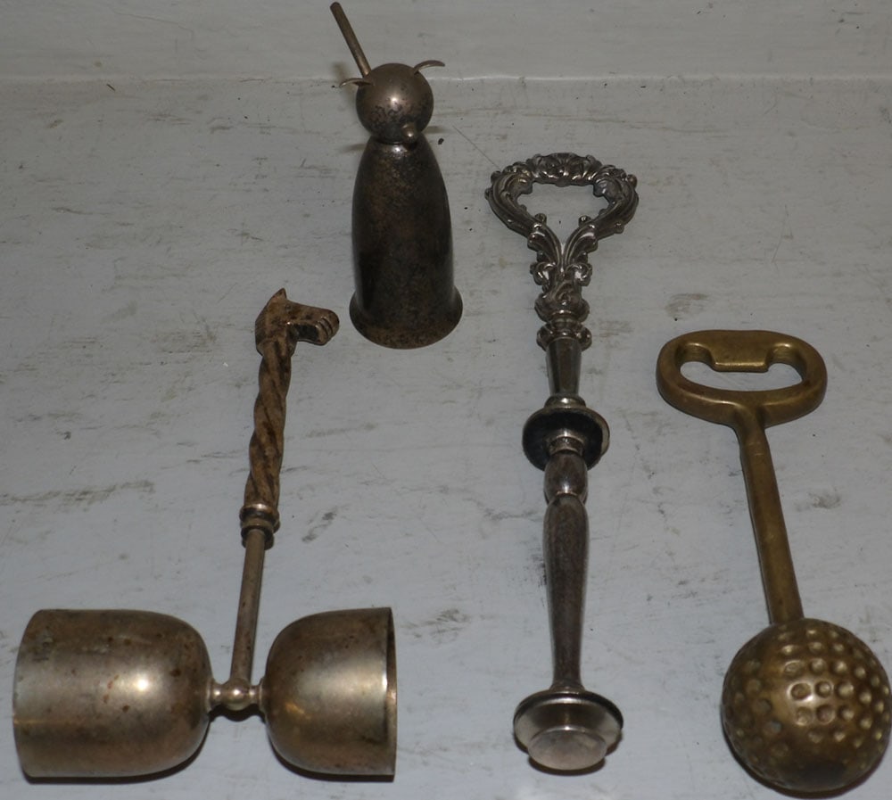 Silver Horse Head Double Jigger, Napier Cat Jigger, Brass Golf Bottle Opener, & Ornate Cruet Stand (1 of 4)