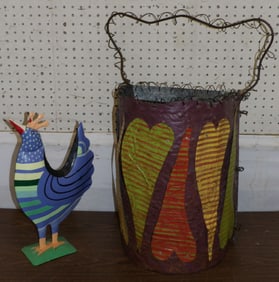 Painted Tin & Metal Folk Art Heart Wall Basket & Painted Metal Folk Art Chicken