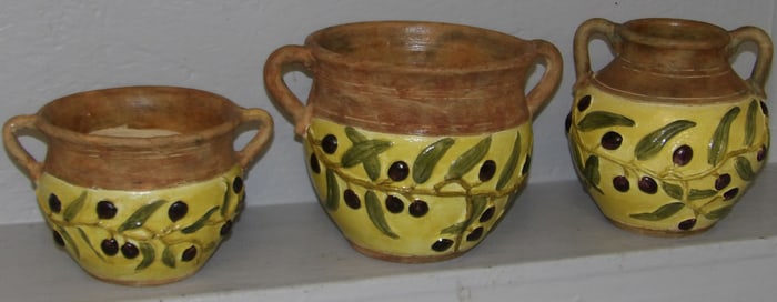 Three Earthenware Pottery Double Handle Jardinieres with Olive Motif