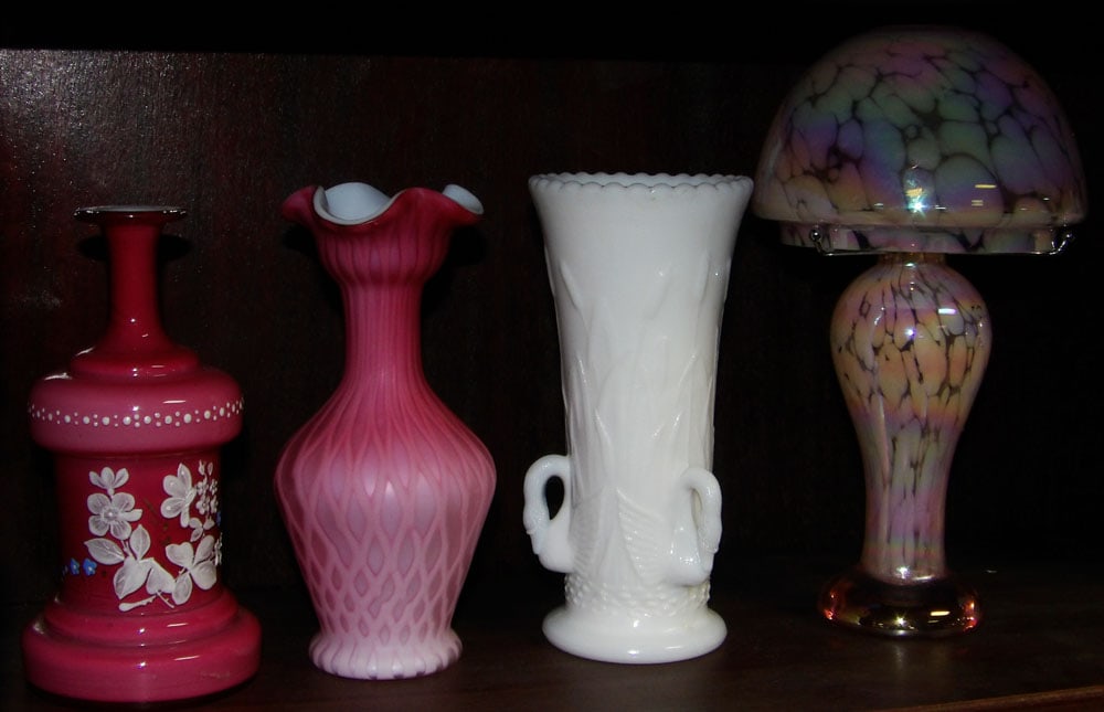 Art Glass Perfume, Iridescent Candlestick Lamp, Satin Vase, & Westmoreland Swan Milk Glass Vase (1 of 4)