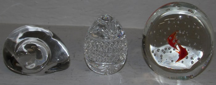 Three Crystal Paperweights, (One French, One Snail)
