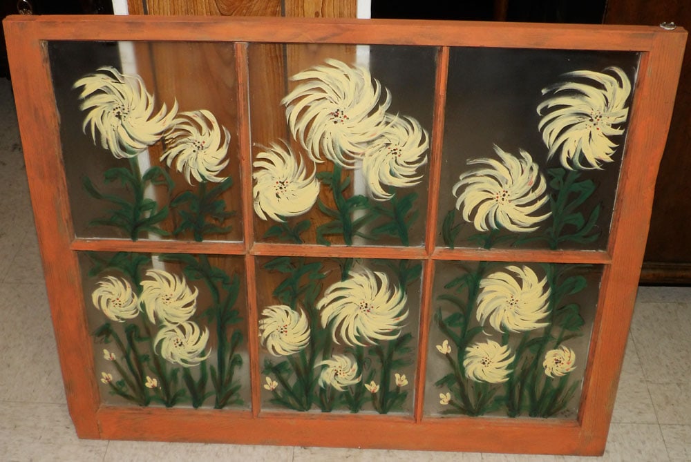 Rustic Framed Six Glass Panel Window with Sunflower Painted Motif: Rustic Framed Six Glass Panel Window with Sunflower Painted Motif. "ALL DESCRIPTIONS AND ANY CONDITION STATEMENT GIVEN BY LANGSTON AUCTION GALLERY ARE STRICTLY OPINIONS AND LANGSTON'S SHALL HAVE NO RE