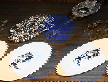 Lot of Blue & White Enamel Pieces, Cut Glass Tazza, & Silver Overlaid Items